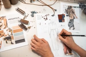 Fashion designer sketching in a workspace with materials and mood boards.